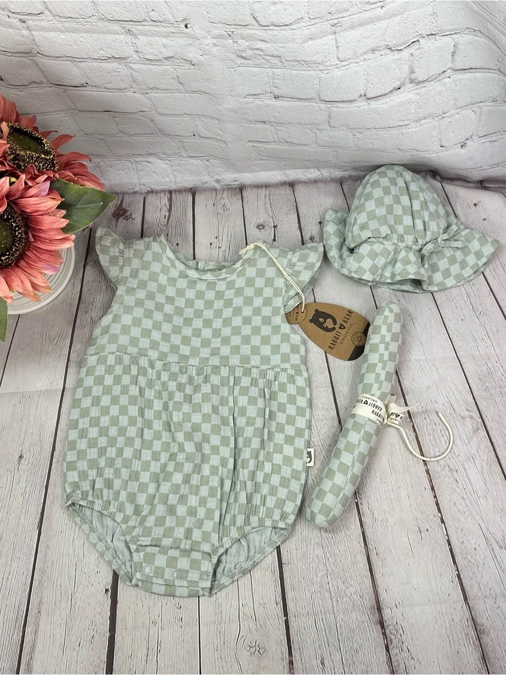 NWT Rabbit & Bear checks One-Piece Romper bubble set 6-9M cottage organic cotton